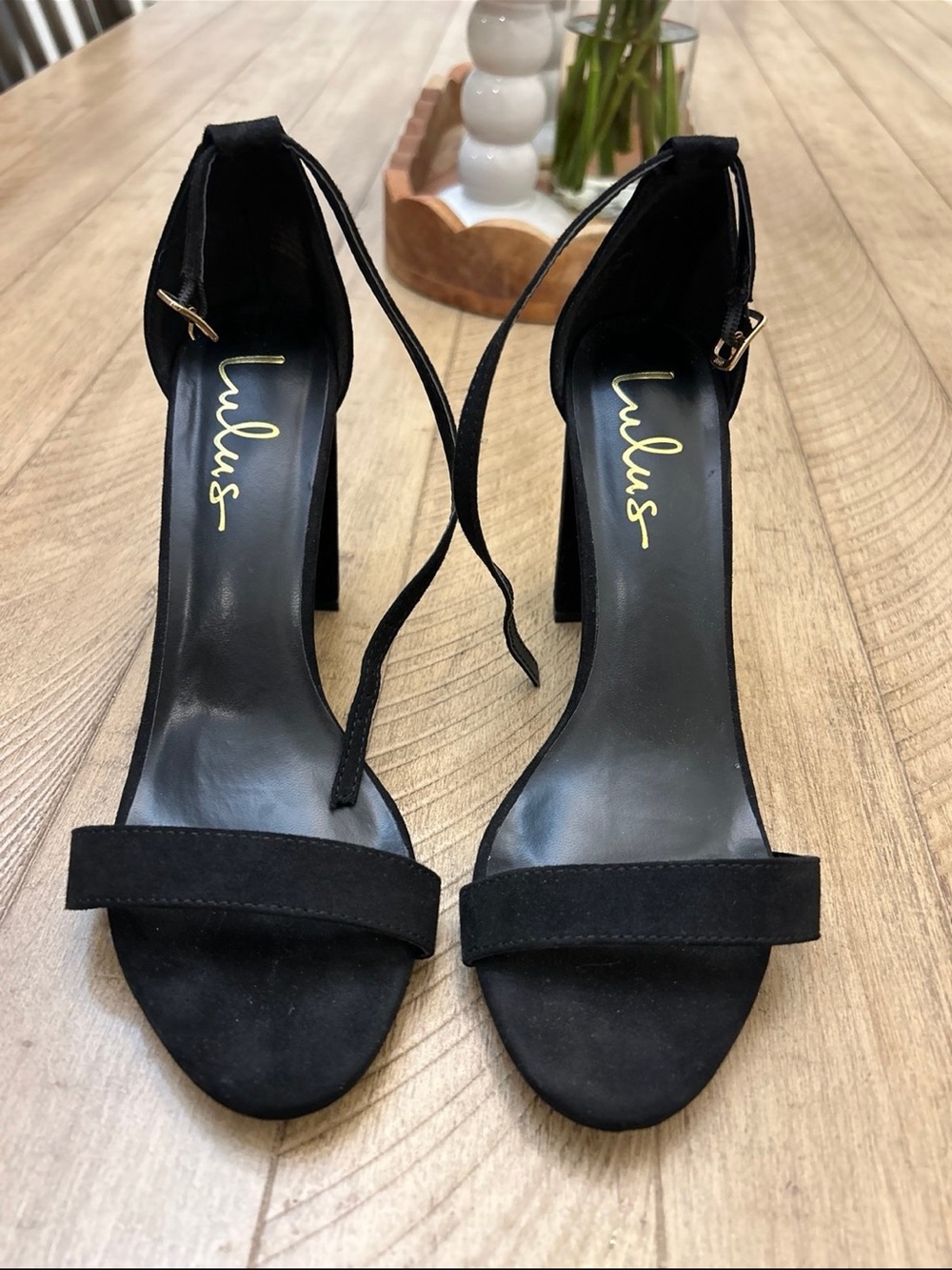 Lulu's Black Suede Ankle-Tie Block Heel Sandals